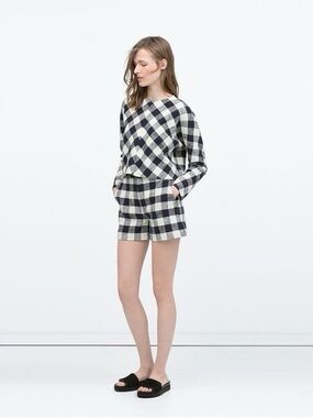 Zara Set | Cream/Navy Gingham/Checked High Waist Shorts and Top